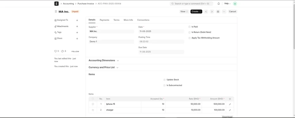 ERPNext Purchase Management - Invoice and Payment