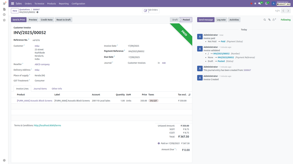 Odoo Payment Receipt Screenshot